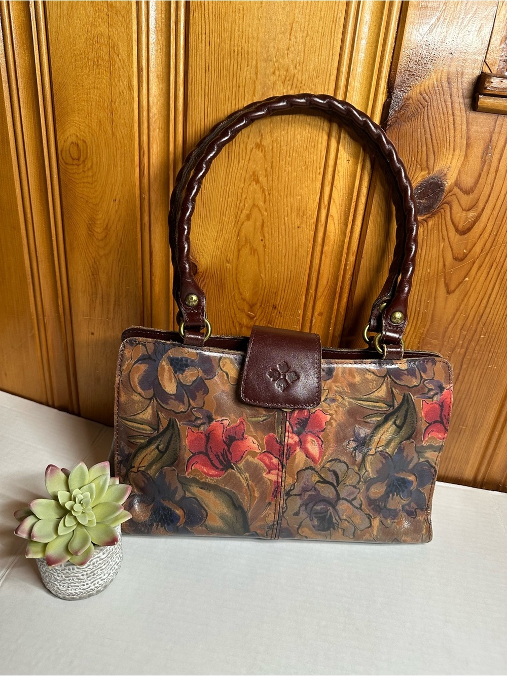 Patricia Nash Brown Hand-Painted Floral Shoulder Bag with Red Accents - Picture 14 of 16
